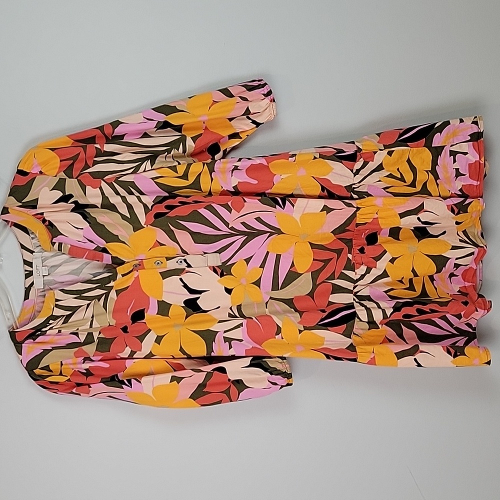 Loft tropical floral tiered 3/4 sleeves shift dress size small